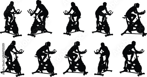 Set of indoor cycling silhouettes showing women riding stationary spinning exercise bikes, isolated vector for cardio and gym fitness concepts.
