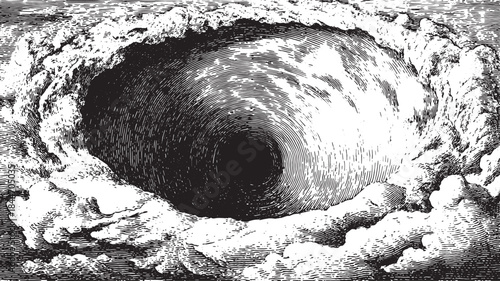 Sketch of a vortex shape surrounded by clouds. A stylized vector illustration showcasing abstract texture patterns.