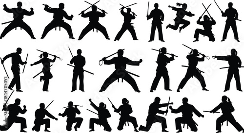 Martial Arts Fighter Silhouette Vector Set: Dynamic Poses of Ninjas and Samurai with Swords and Staffs for Combat, Training, and Warrior Graphics