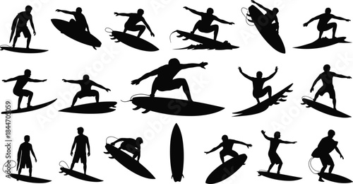 Surfing Silhouette Vector Set: Dynamic Action Poses of Male Surfers on Surfboards Riding Waves for Summer Sport, Beach, and Ocean Graphics
