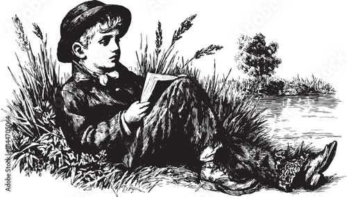 A boy reading a book while sitting in the grass by a peaceful lake. Vintage vector illustration showing nature and calm scenery.