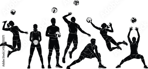 Volleyball Players Silhouette Set: Dynamic Black Vector Illustration of Team Sport Action, Jumping, Serving, and Spiking for Design and Marketing Materials.