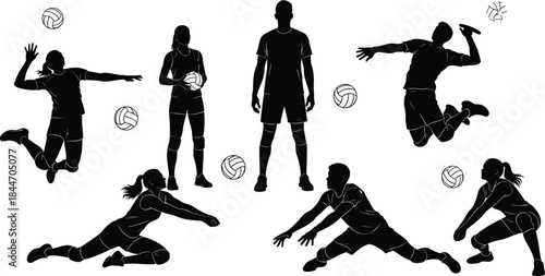 Volleyball Players Silhouettes Vector Collection: Dynamic Action Poses of Athletes in Various Game Situations, Ideal for Sports Design.