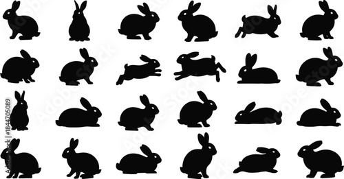 Wild and Domestic Rabbit Silhouette Vector Set: Cute Bunny Figures Hopping, Running, and Sitting in Various Poses for Easter, Nature, and Pet Graphics