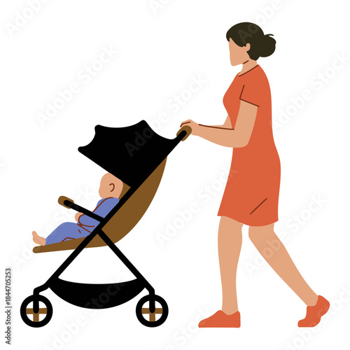 Stylish mom enjoying leisurely stroll with baby in modern stroller, a perfect illustration of motherhood and active lifestyle, conveying warmth and family joy