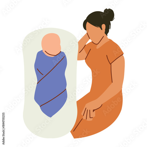 Loving mother gazing at newborn baby sleeping peacefully, capturing tender family moments and the beauty of motherhood, perfect for parenting blogs and baby product ads
