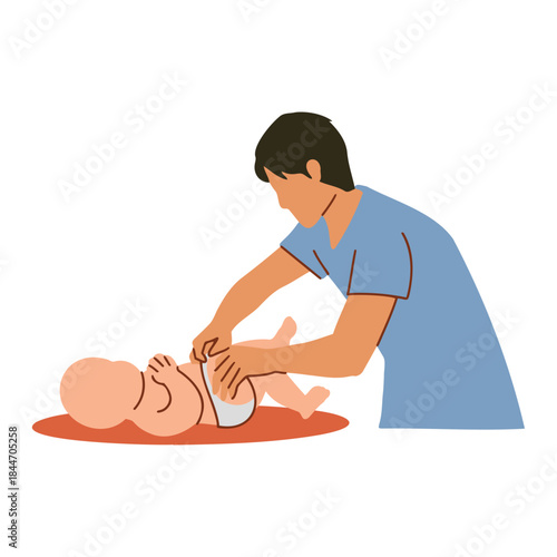Caring father lovingly changes baby's diaper, nurturing and bonding in a tender moment, a symbol of modern parenting and shared responsibility for childcare