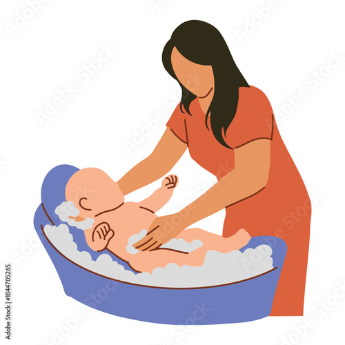 Loving parent bathing newborn baby with gentle care in a cozy tub, nurturing infancy with tenderness and warmth, early childhood bliss, vector art