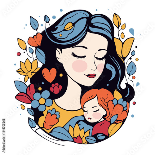 Serene mother embracing child surrounded by vibrant floral designs, radiating warmth and love, ideal for family brands or heartfelt messages, a timeless maternal bond.