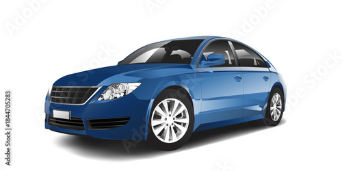 Realistic vector blue car isolated on white background front side 3D view
