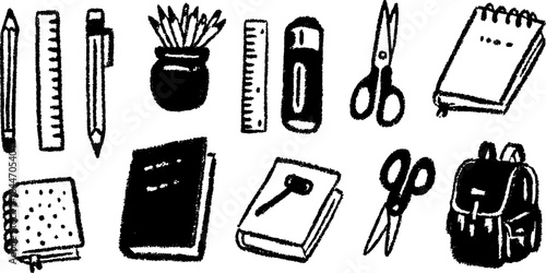 Collection of school stationery items including pencil, notebook, scissors, ruler, and backpack. Vector illustration set of essential tools for education.