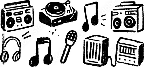 Music-related graphics set featuring headphones, speakers, records, and microphones. A simple black and white vector illustration.