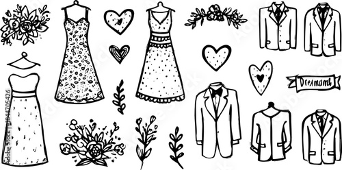 Outline illustrations of dresses and suits featuring floral designs and hearts. Hand-drawn vector set showcases clothing and fashion themes.