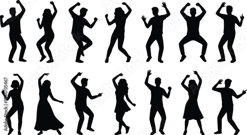 Dancing, people, silhouettes, men, women, party, celebration, energy, movement, music, joy, freedom, crowd, poses, isolated, white, background, modern, fun, concept