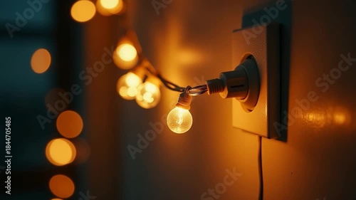 A modern interior design element featuring strings of lights hanging from the side of a wall