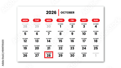 The date October 28th, 2026 marked with a red cursor on the wall