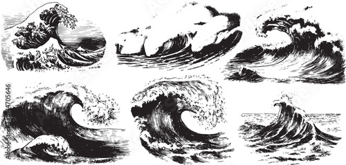 Vintage engraved wave illustrations set. Black and white ocean vector artwork displaying various wave forms and textures in an artistic style.