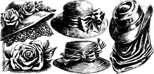 Vintage hats with roses and bows in hand-drawn outlines. This set of vector illustrations features classic fashion designs.