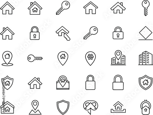 A collection of various house and key including house shapes, keys, locks, and location markers in a minimalist line style