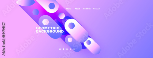 Abstract geometric background. Purple, pink hues dominate design. Text reads Geometric Background, navigation visible above. Modern aesthetic.
