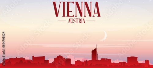 Red panoramic poster of the city skyline with misty background buildings, sunrise, moon and clouds of VIENNA, AUSTRIA
