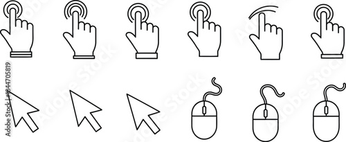 A set of black and white line depicting hands using touchscreens and computer mice with various gestures and actions