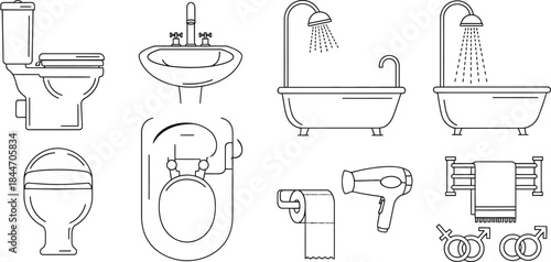 A set of black and white representing various bathroom fixtures and accessories including a toilet, sink, bathtub, shower, hairdryer