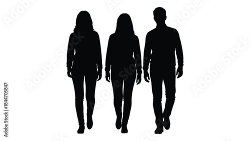 Three people walking forward depicted as dark shapes against a white background silhouette