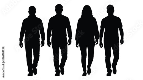 Four people walking forward depicted as dark shapes against a white background silhouette