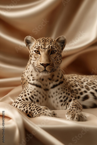 Leopard relaxing on luxurious silk fabric, elegant comfort concept