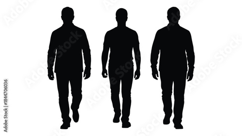 Three men walking forward in a stark black and white composition a bold silhouette