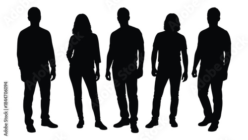 Five figures standing in a row presenting a dark and striking silhouette