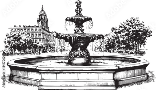 Fountain in an outdoor city setting. Black and white vector illustration showcasing classic architecture and detailed design in a public plaza.