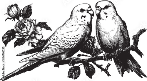 Vintage illustration of two parrots on a branch with flowers. Black and white vector drawing featuring nature elements in a decorative set.