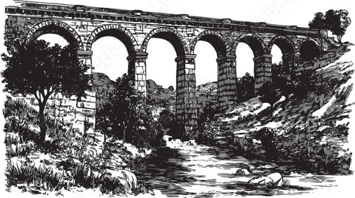 An aqueduct structure depicted in black and white. This historical vector illustration showcases intricate architecture and surrounding trees in a natural landscape.