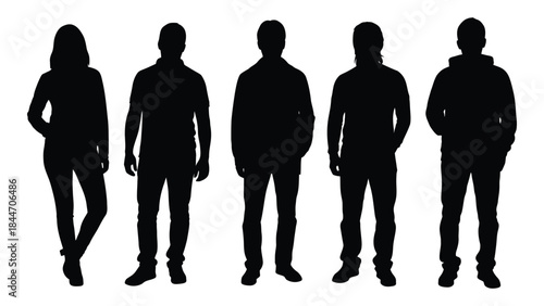 A row of five distinct human figures presented as a dark striking silhouette