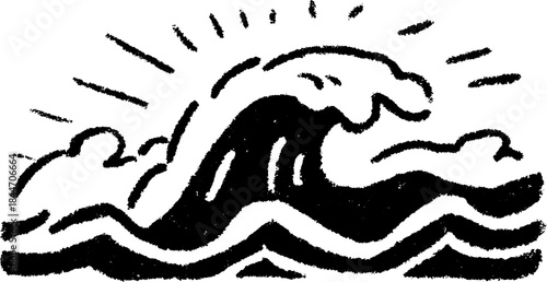 Wave illustration in black and white style. Simple, flat vector illustration representing ocean water and sun elements.