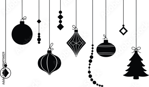 Hanging black and white Christmas ornament set for holiday design