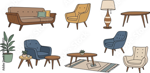 Minimalist mid century modern furniture set cad vector sofa armchairs tables lamp plants rug isolated on transparent background