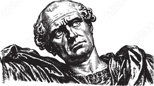 Statue head of an ancient male figure. Detailed classical vector illustration in black and white line art.
