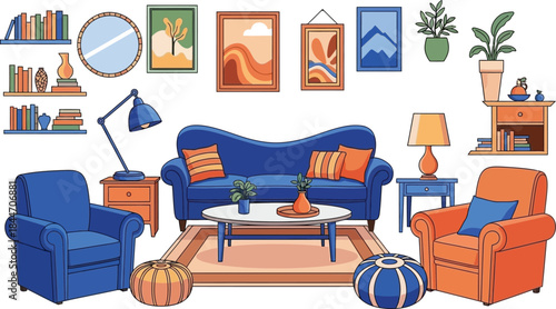 Cozy living room furniture and decor set isolated on transparent background