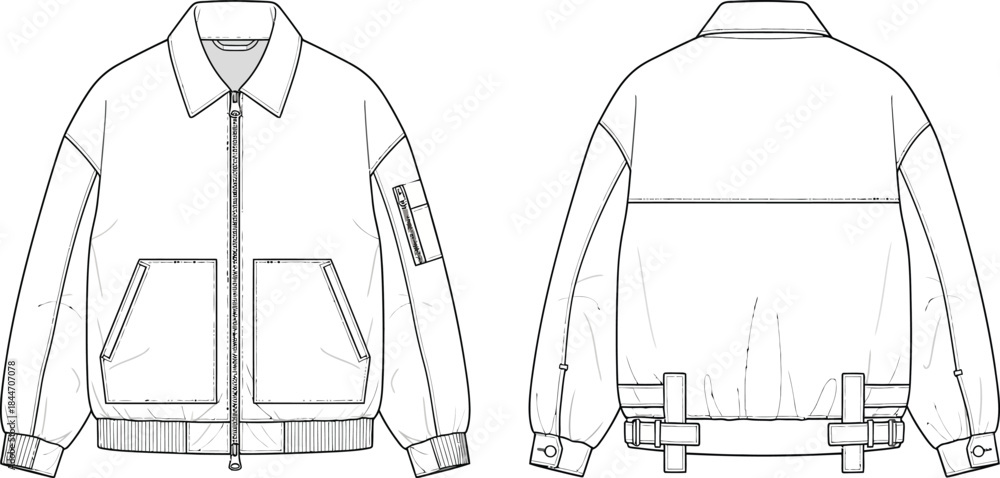 Fotografie Minimalist cad bomber jacket technical drawing vector set front and back views f