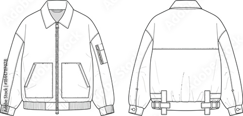 Minimalist cad bomber jacket technical drawing vector set front and back views fashion design flat apparel sketch garment blueprint isolated on transparent background