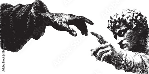 Hand and finger reaching out in classic black and white art. Detailed vector illustration representing a moment of interaction.