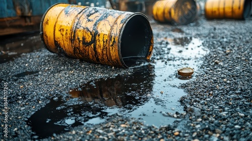 Overturned yellow drums of dark liquid creating oily puddles on wet asphalt ground with reflections of the mess
