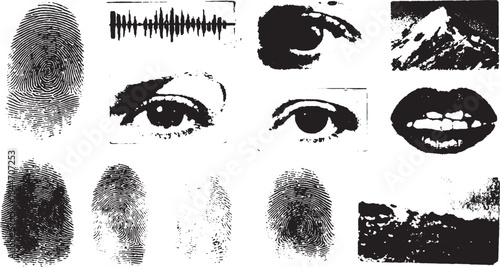 Graphic set of fingerprints, eyes, and lips in black and white. Abstract vector illustration showcasing textures and visual representation.