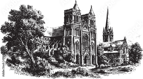 Gothic cathedral facade engraving in black and white. Detailed architecture set featuring towers, roofs, and trees in the scenery. Vector illustration.