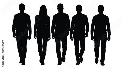 A row of five individuals walking forward showcasing a striking black silhouette