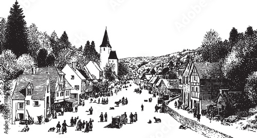 Vintage village scene with buildings, trees, and people. Black and white drawn vector illustration depicting rural life in a scenic landscape.