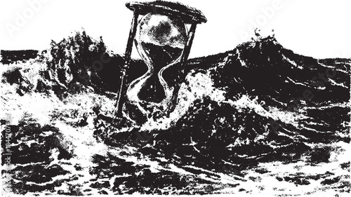 Hourglass submerged in waves. Black and white vector illustration showcasing the concept of time and nature's dynamics in an abstract style.
